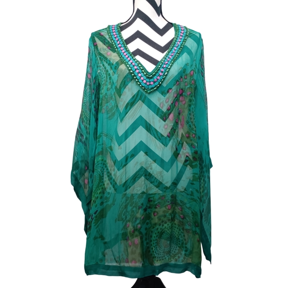 Green Beaded V-Neck Tunic Top